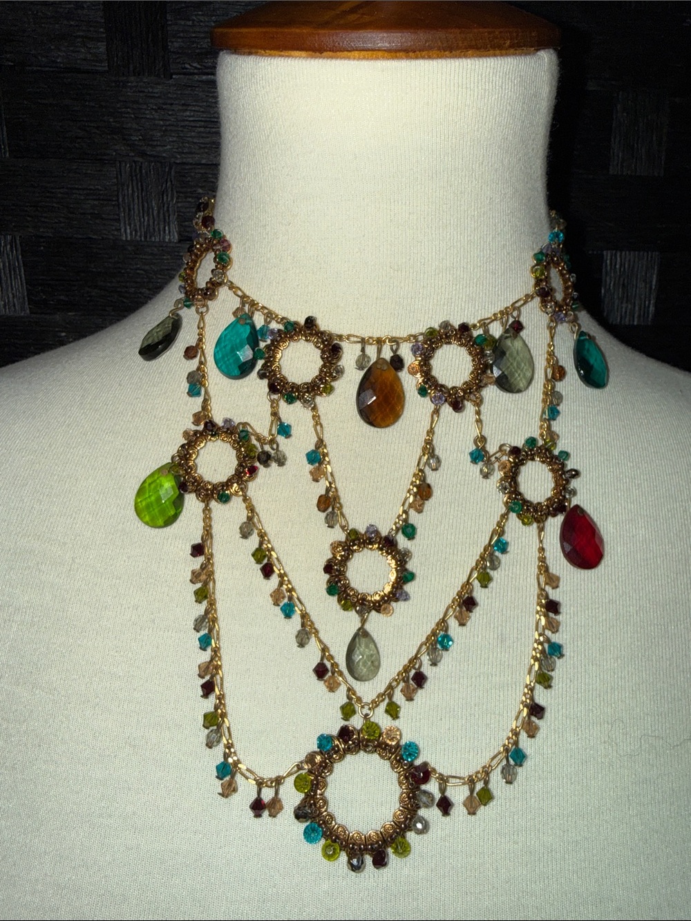 Multitier Crystal Drop Necklace in Green, Teal & Red